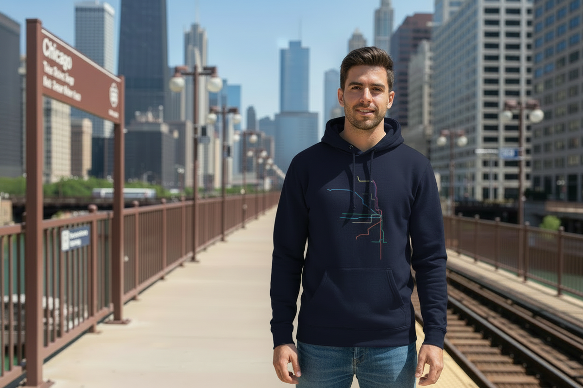 Male model wearing heather navy long-sleeved Chicago transit lines hoodie on CTA platform