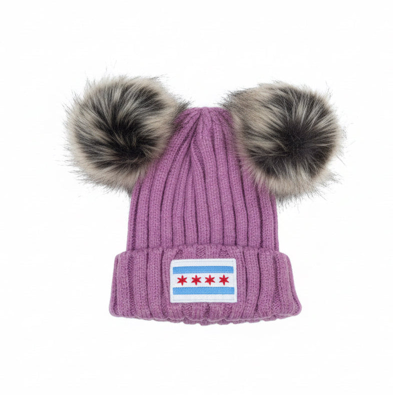 chicago flag baby, toddler faux fur pom beanie
