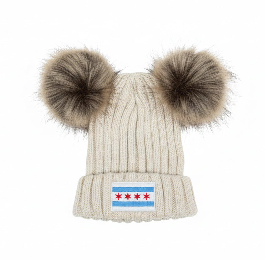 chicago flag baby, toddler faux fur pom beanie