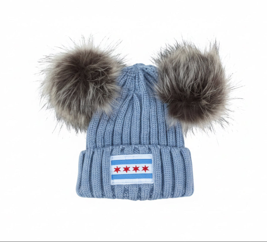 chicago flag baby, toddler faux fur pom beanie