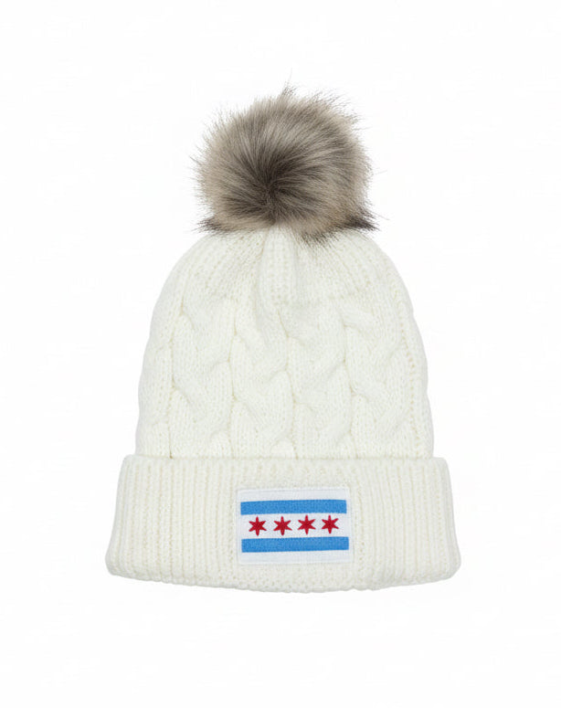 chicago flag baby, toddler faux fur pom beanie