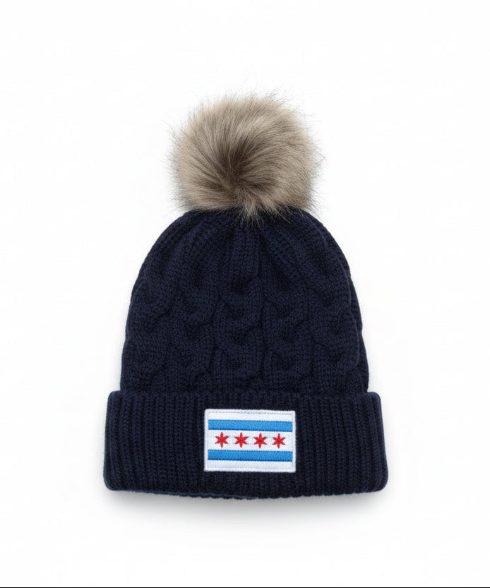 chicago flag baby, toddler faux fur pom beanie