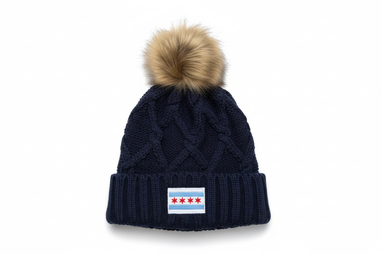 chicago flag faux fur pom beanie adult and youth sizing