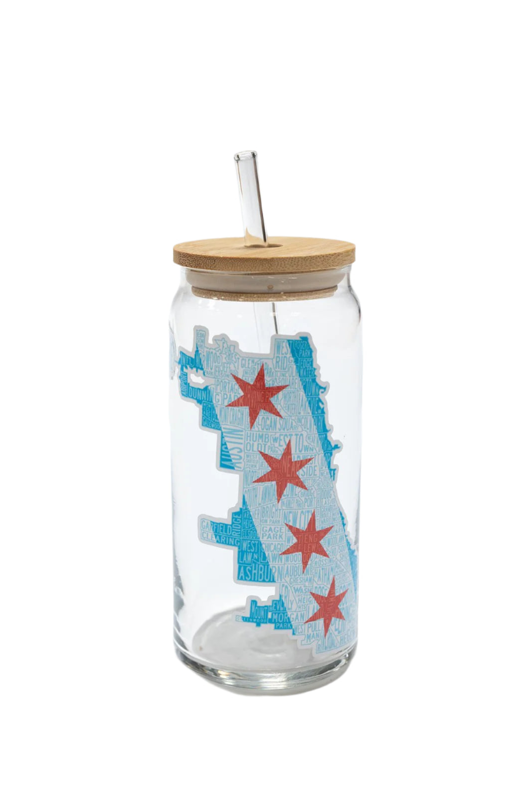 Chicago Neighborhoods Map or Transit Lines Glass with Bamboo Lid and Glass Straw - 16oz
