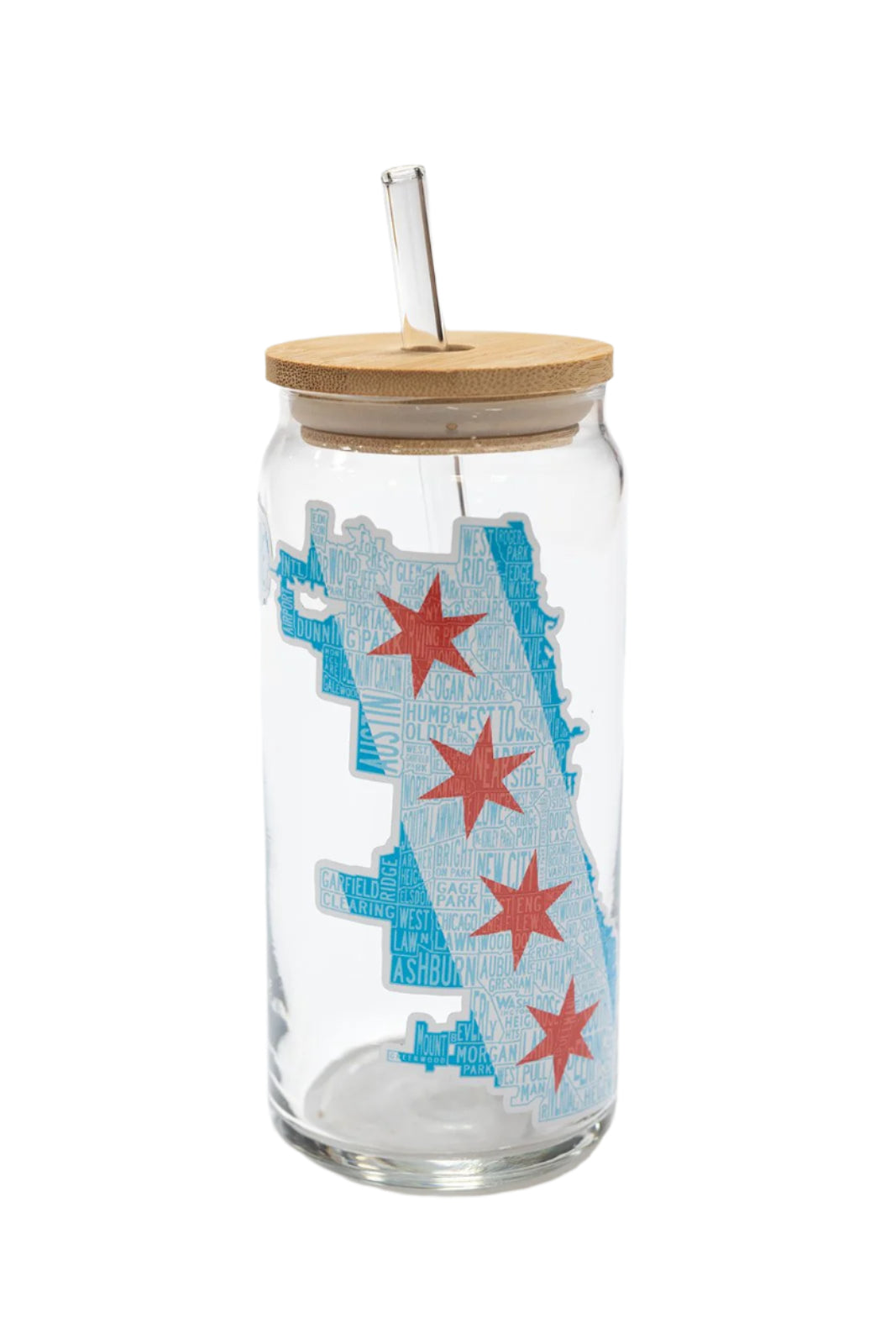 Chicago Neighborhoods Map or Transit Lines Glass with Bamboo Lid and Glass Straw - 16oz