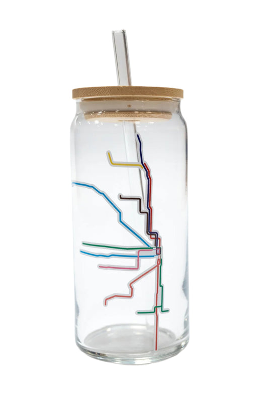 Chicago Neighborhoods Map or Transit Lines Glass with Bamboo Lid and Glass Straw - 16oz