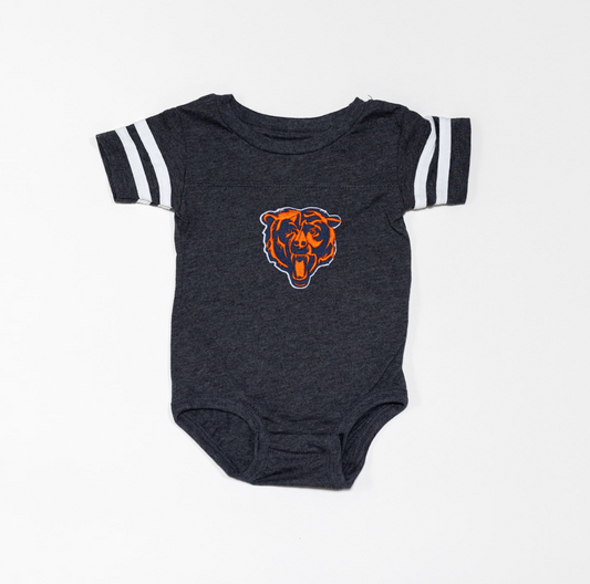 chicago bears inspired onesie, striped sleeve - hand embroidered