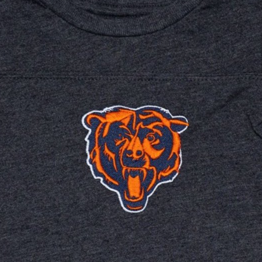 chicago bears inspired onesie, striped sleeve - hand embroidered