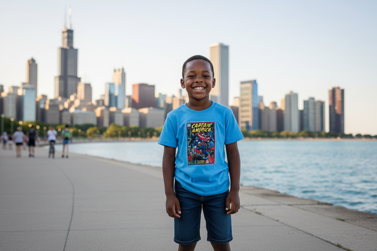 African American boy wearing Captain America t-shirt with Chicago background