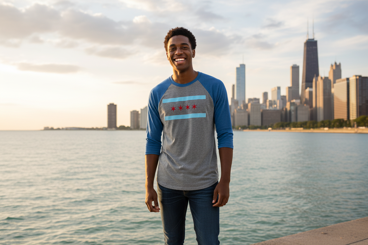 African American man wearing Chicago flag raglan shirt
