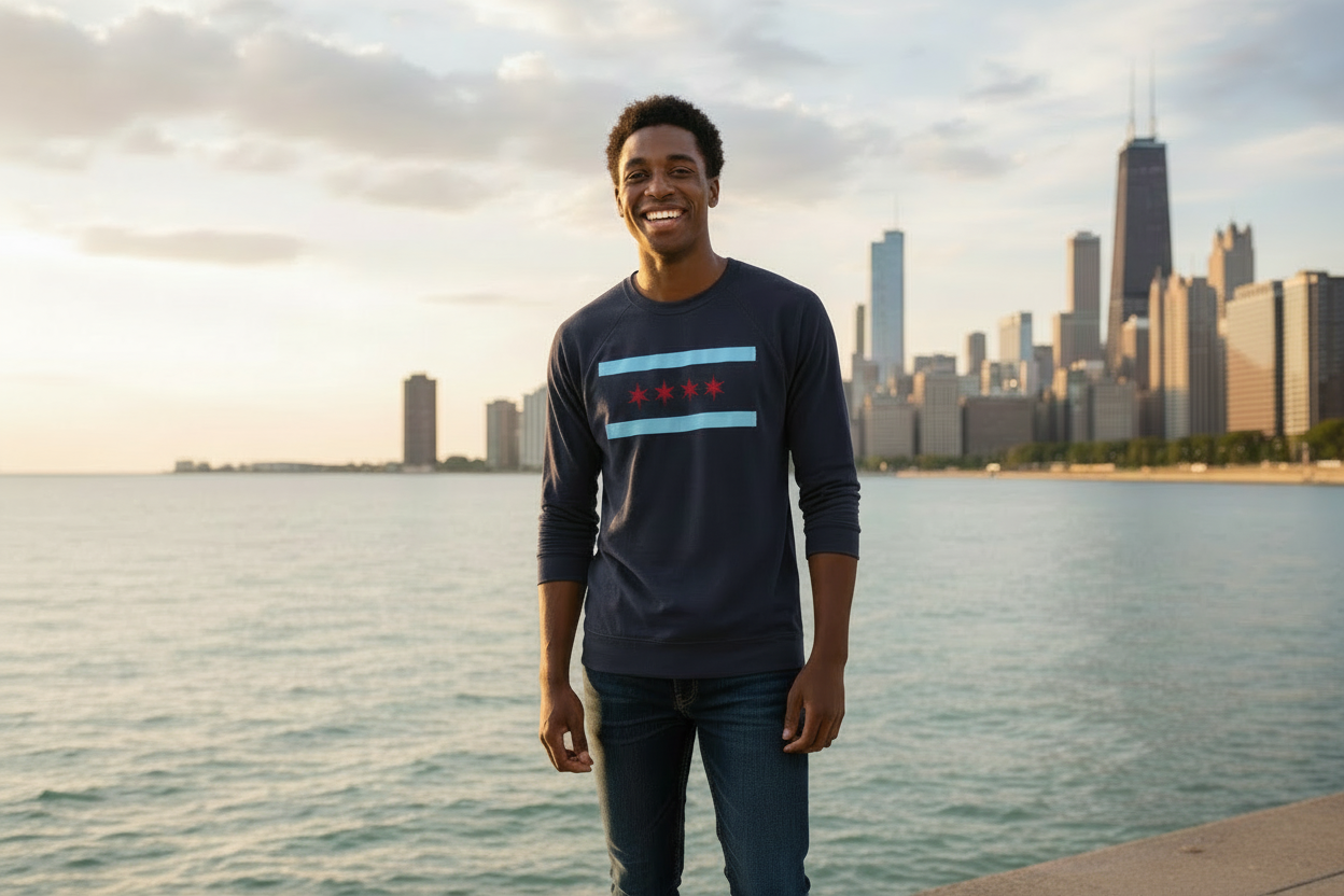 African American man wearing shorter Chicago flag crewneck sweater