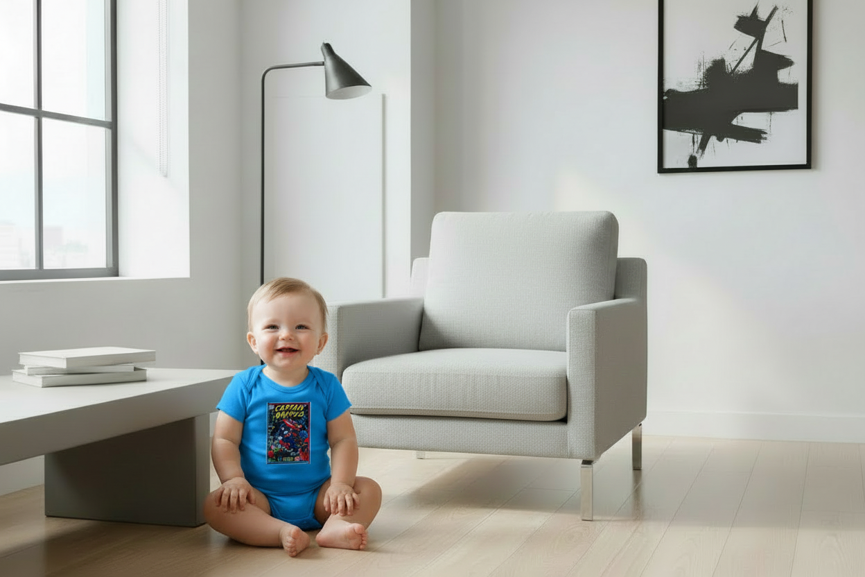 Baby boy wearing Captain America onesie in lifestyle room
