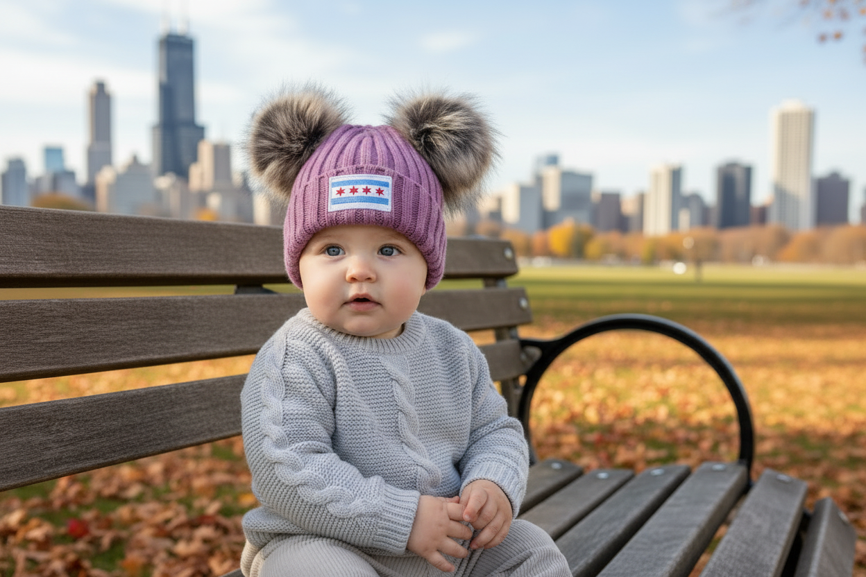 Baby girl in rose beanie at Chicago park