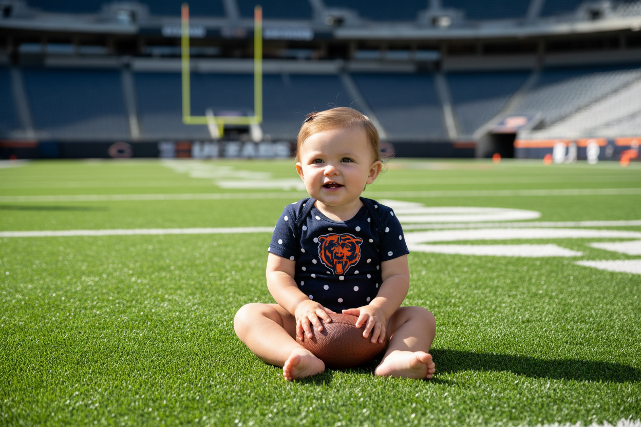 Baby girl wearing Bears polka dot onesie on football field