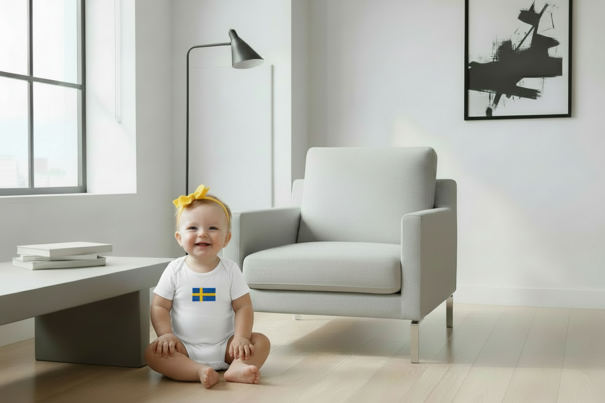 Baby girl wearing short sleeve Swedish flag onesie