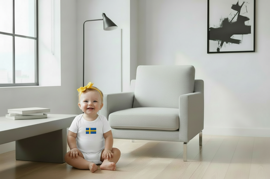 Baby girl wearing short sleeve Swedish flag onesie