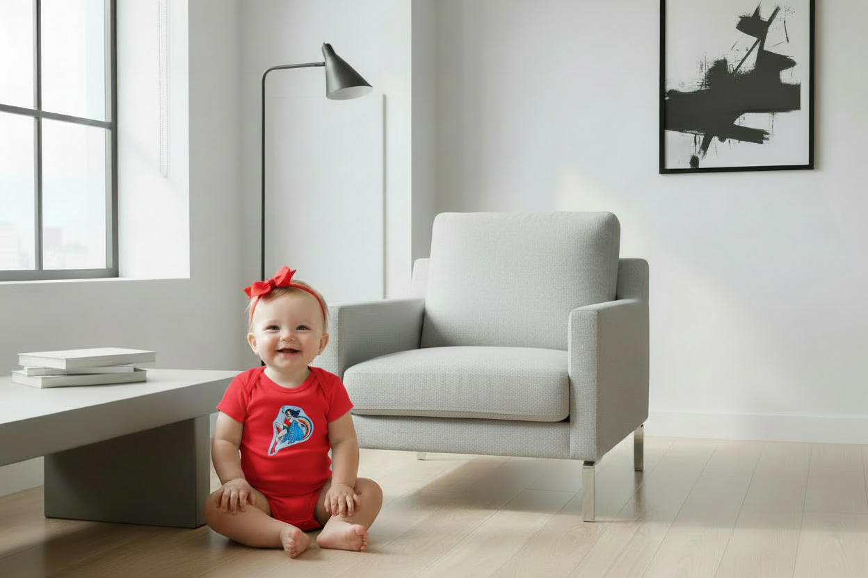Baby girl with curly hair and red bow wearing Wonder Woman onesie