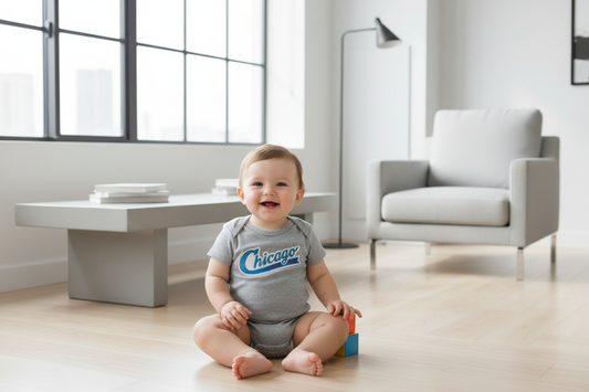Baby wearing actual Chicago Swoosh onesie in lifestyle setting