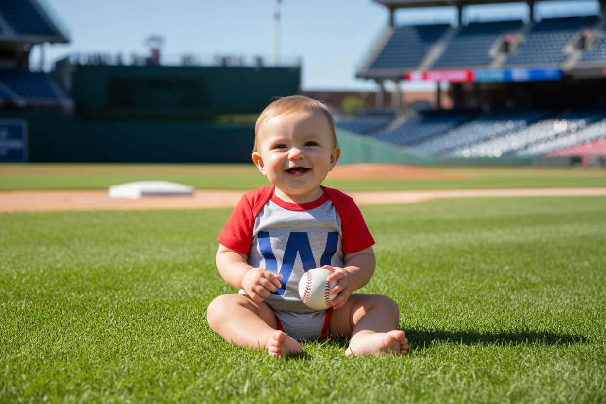 Baby wearing Chicago W win onesie on baseball field