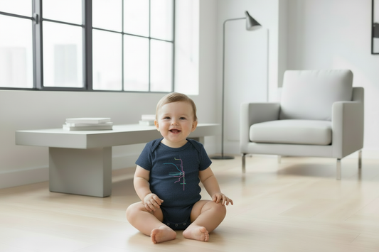 Baby wearing navy Chicago transit lines onesie without toy blocks