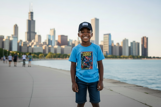 Boy wearing properly sized navy Chicago flag hat