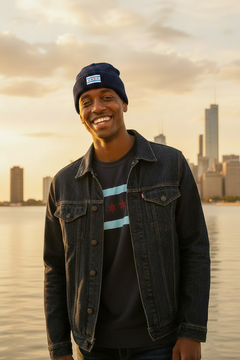 Chicago Flag Beanie on Model - Clear Stars