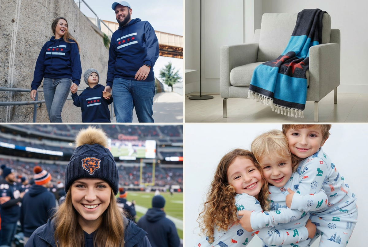 Chicago hoodies, dark throw blanket, Bears beanie, and kids’ pajamas collage