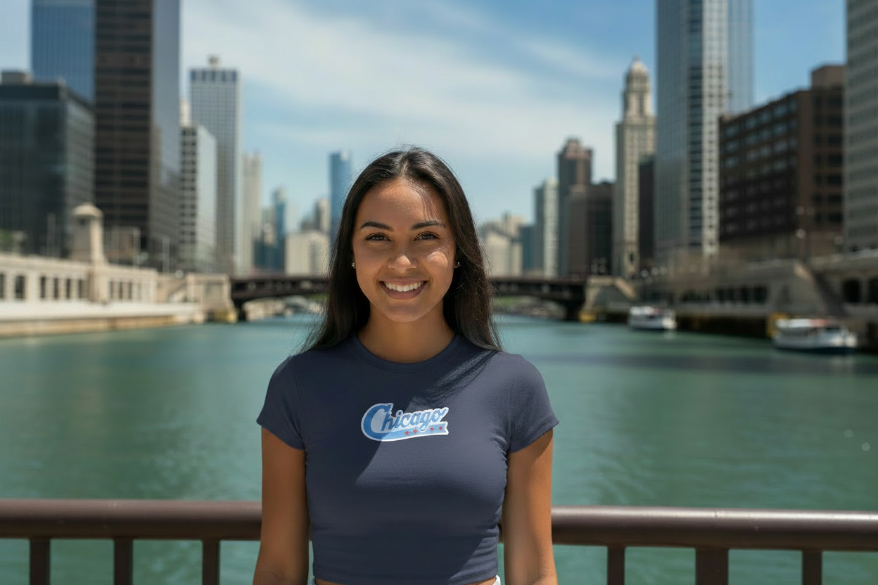 chicago swoosh baby tee on model no stars