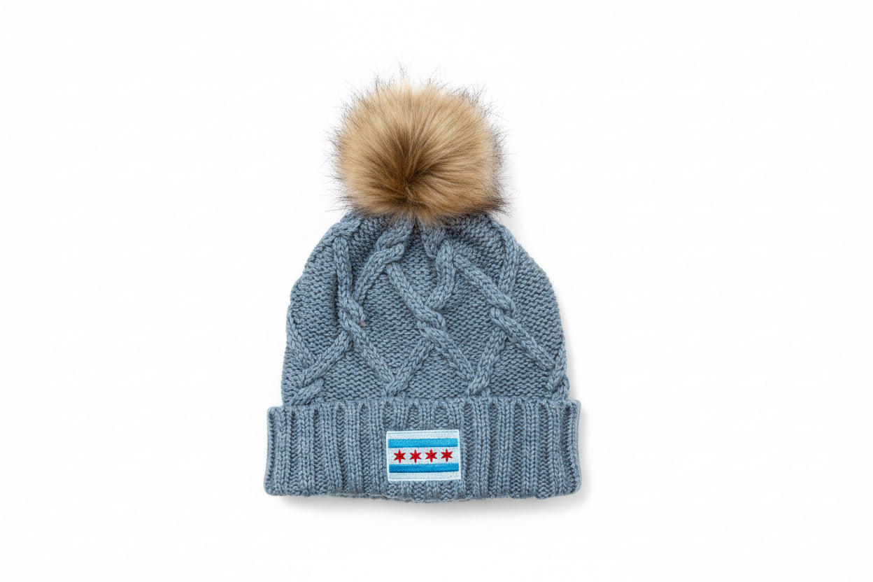 chicago flag faux fur pom beanie youth and adult sizing