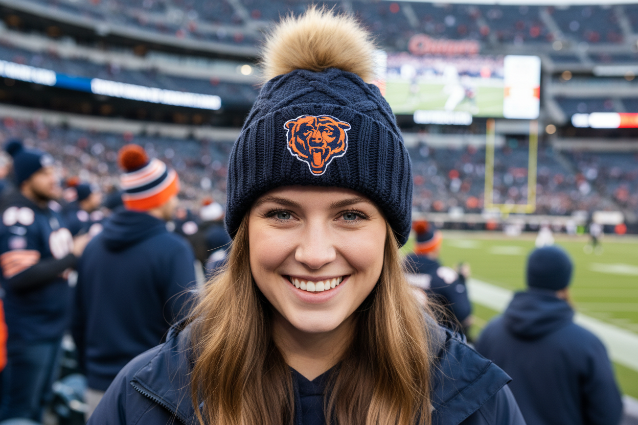 Close-up of woman wearing Bears beanie at game