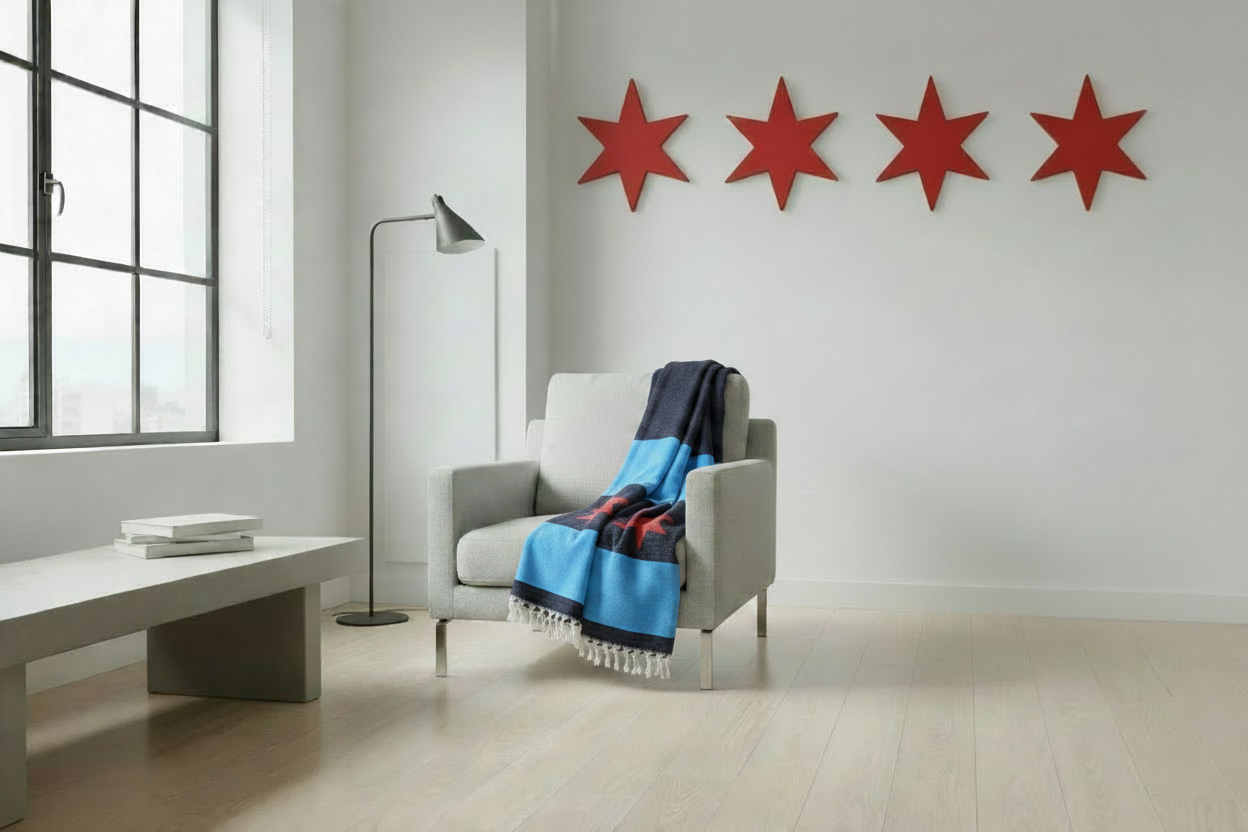 Dark Chicago Flag Blanket on Empty Chair with Stars