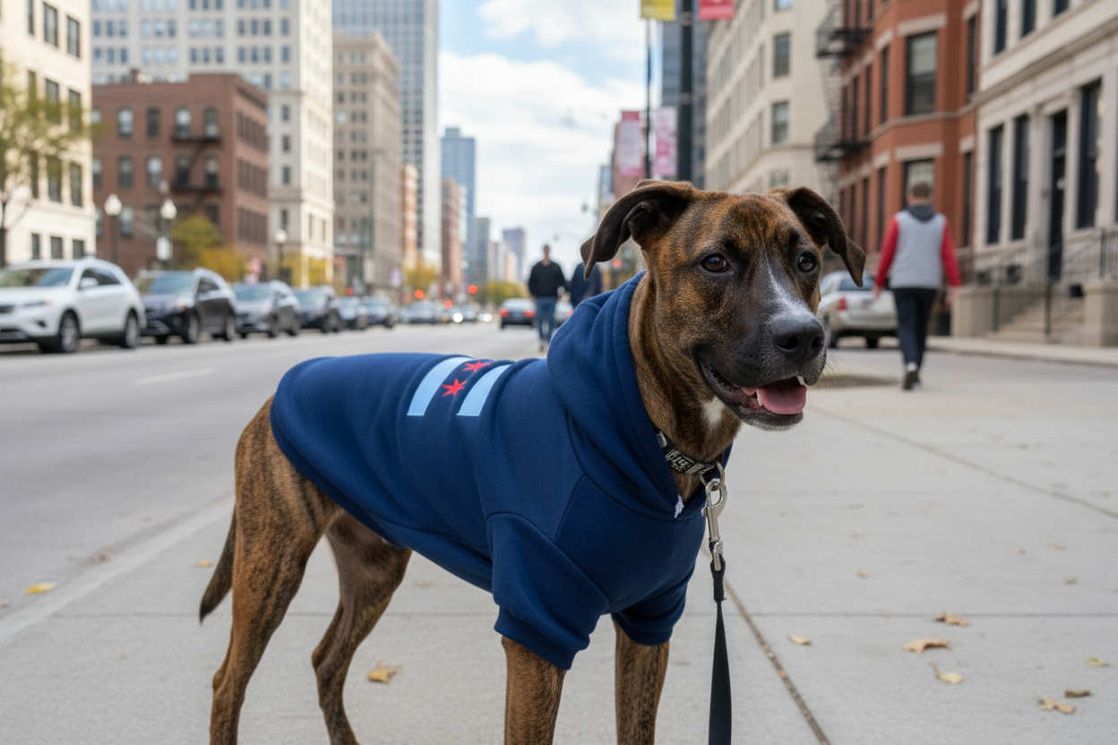 Dog wearing navy blue Chicago flag hoodie in the city