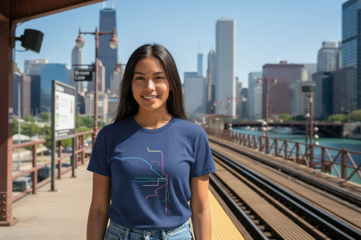 Female model wearing navy blue Chicago transit lines t-shirt