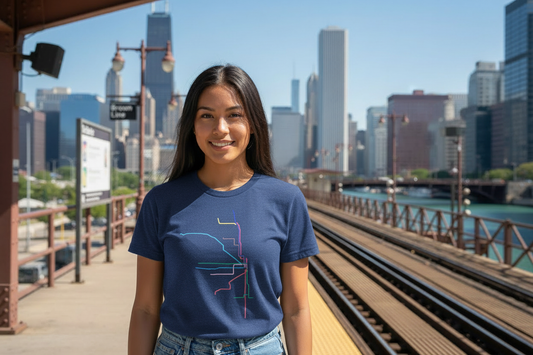 Female model wearing navy blue Chicago transit lines t-shirt