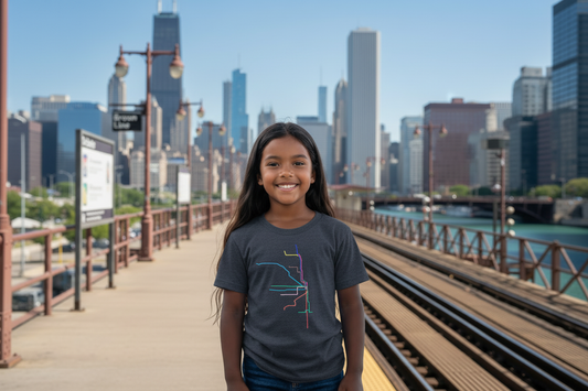 Girl wearing navy Chicago transit lines t-shirt on CTA platform