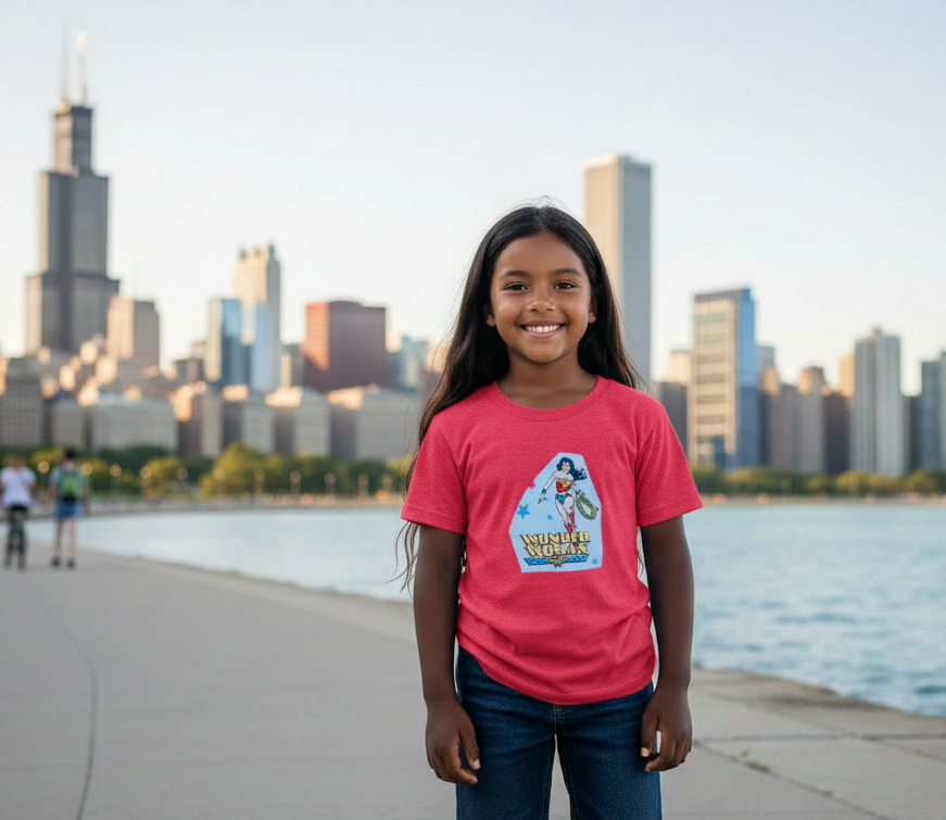 Girl with long hair wearing red Wonder Woman t-shirt at Chicago lakefront