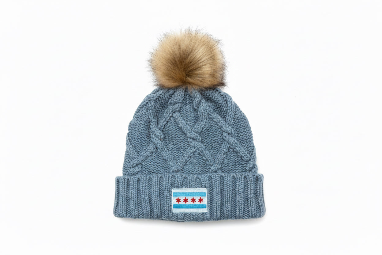 chicago flag faux fur pom beanie youth and adult sizing