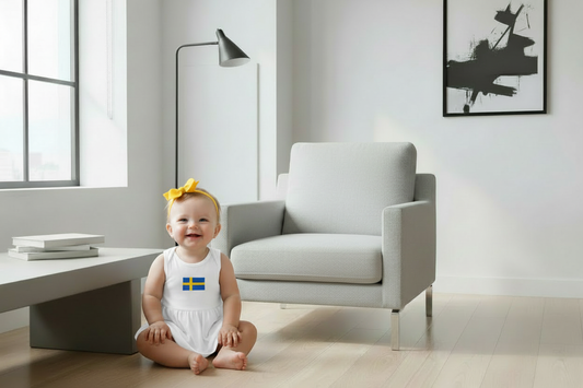 Little girl with yellow bow wearing Swedish flag dress