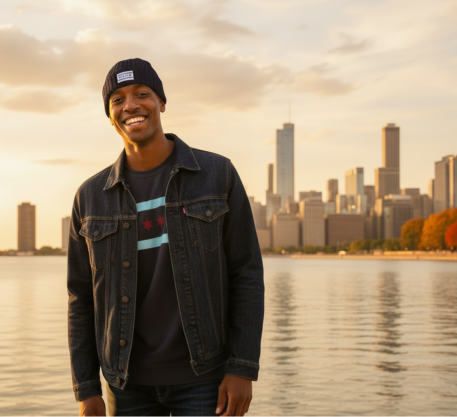 Male model in crewneck with beanie covering ears