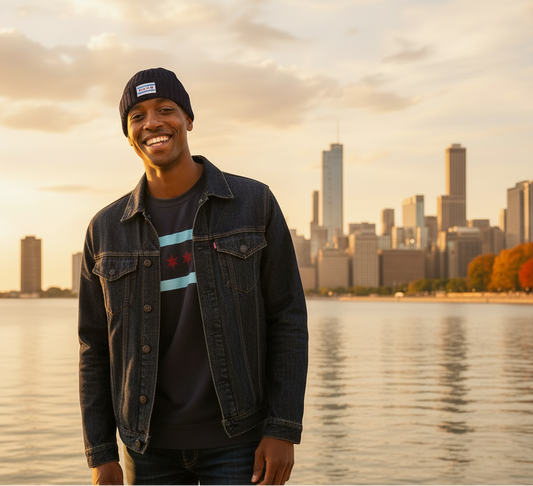 Male model in crewneck with beanie covering ears