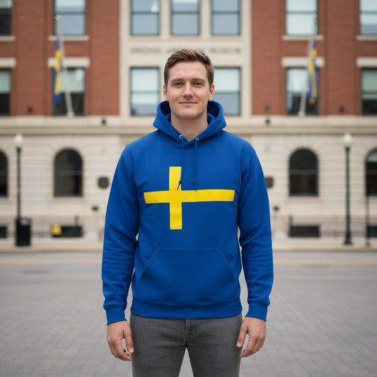 Male model in Swedish flag hoodie at Swedish American Museum
