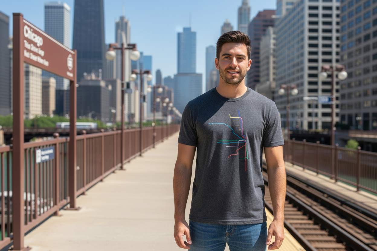 Male model wearing CTA map t-shirt on Brown Line platform