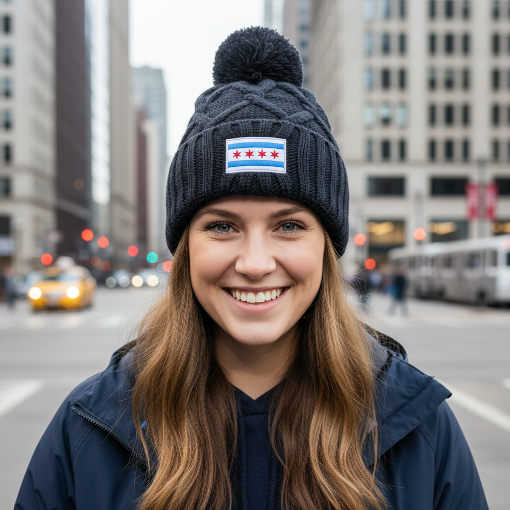 Model in chunky Chicago flag pom beanie with matching fabric pom
