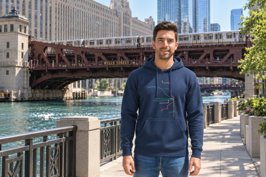 model wearing a clearly navy vintage hoodie