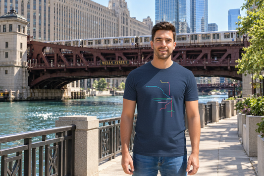 model wearing the vintage navy transit-lines t-shirt