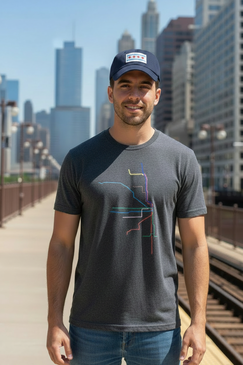 Model with navy Chicago flag hat pulled low