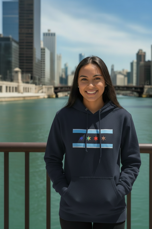 Navy Blue Chicago Flag Hoodie on Model