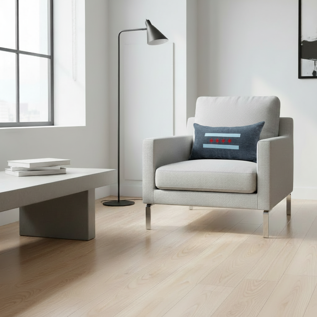 Navy blue Chicago flag lumbar pillow on chair