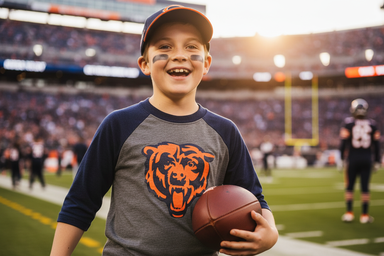 Older kid wearing Bears raglan shirt holding football at game