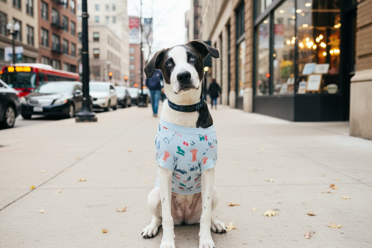 Puppy from first image in Chicago pajamas on city street